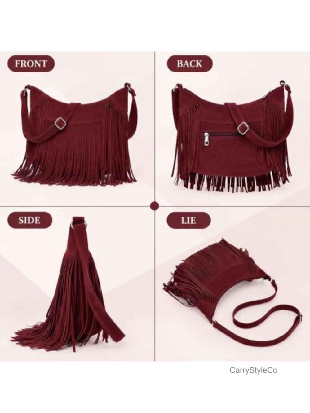 Fringe Hobo Bag Vegan Suede Crossbody Shoulder Purse Western - Picture 5 of 6